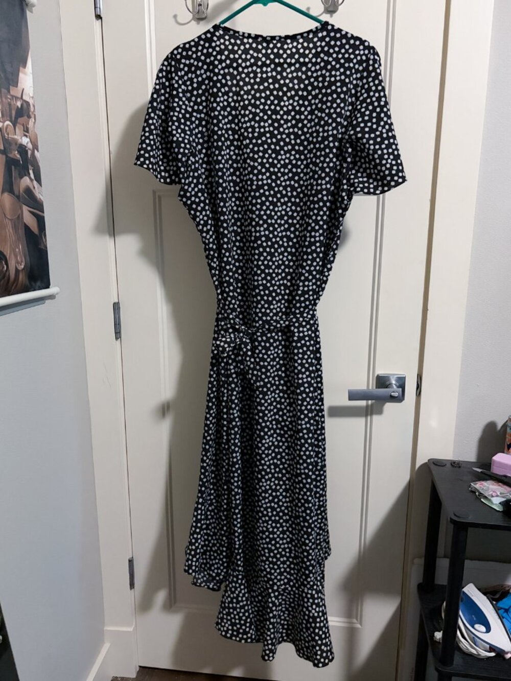 0X/1X Black & White Micro Floral Print Wrap Midi Dress - V-Neck + Split Sleeves - Picture 3 of 13